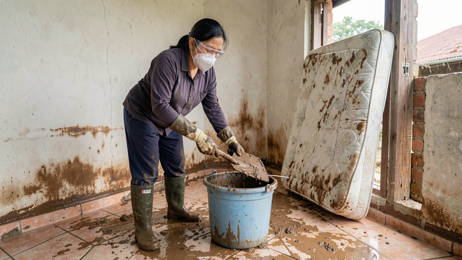 Gloved hands shovel flood mud into a half-full bucket next to a soaked mattress.