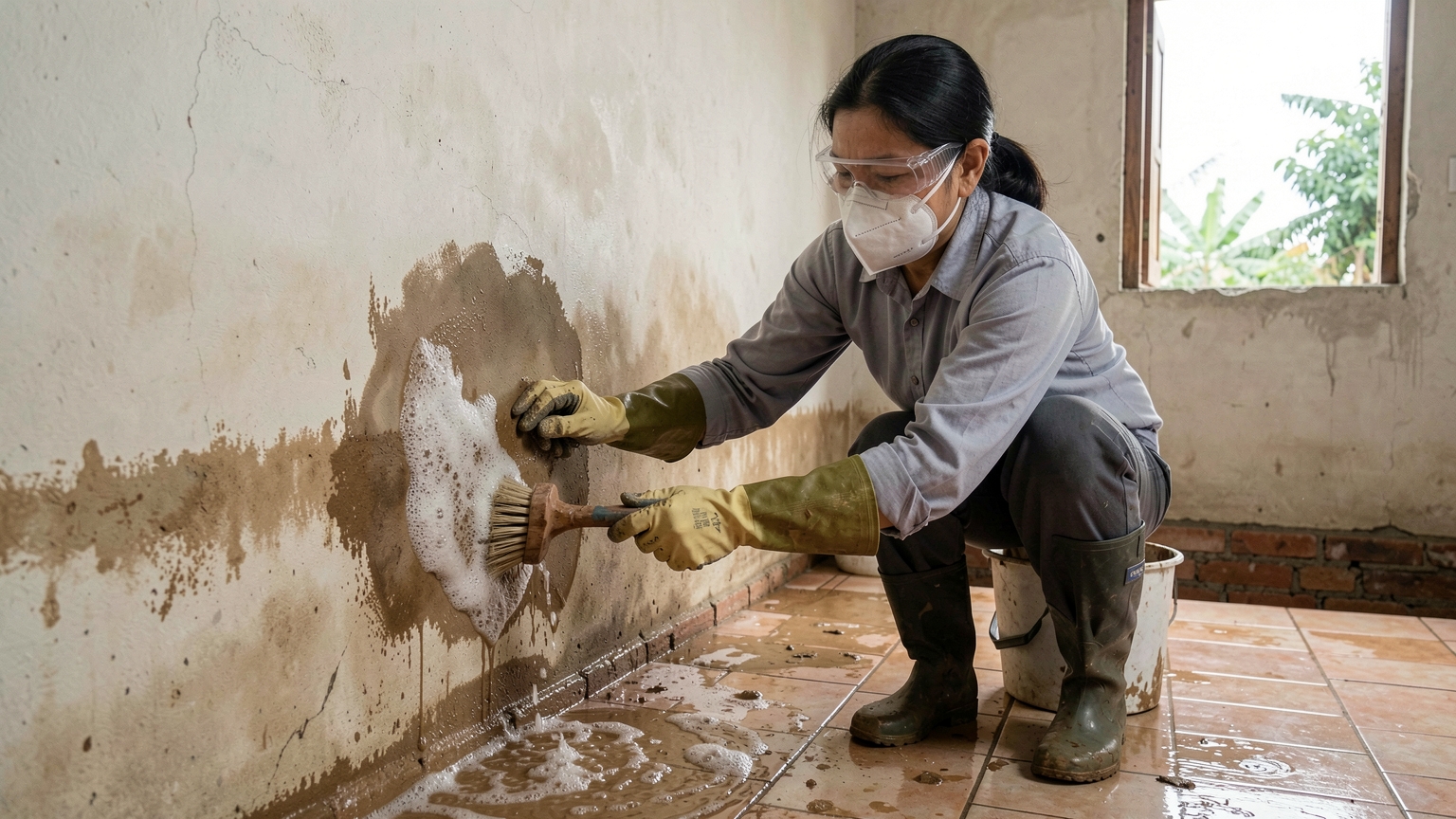 A gloved hand scrubs mud off a cement wall with a brush and soapy water.