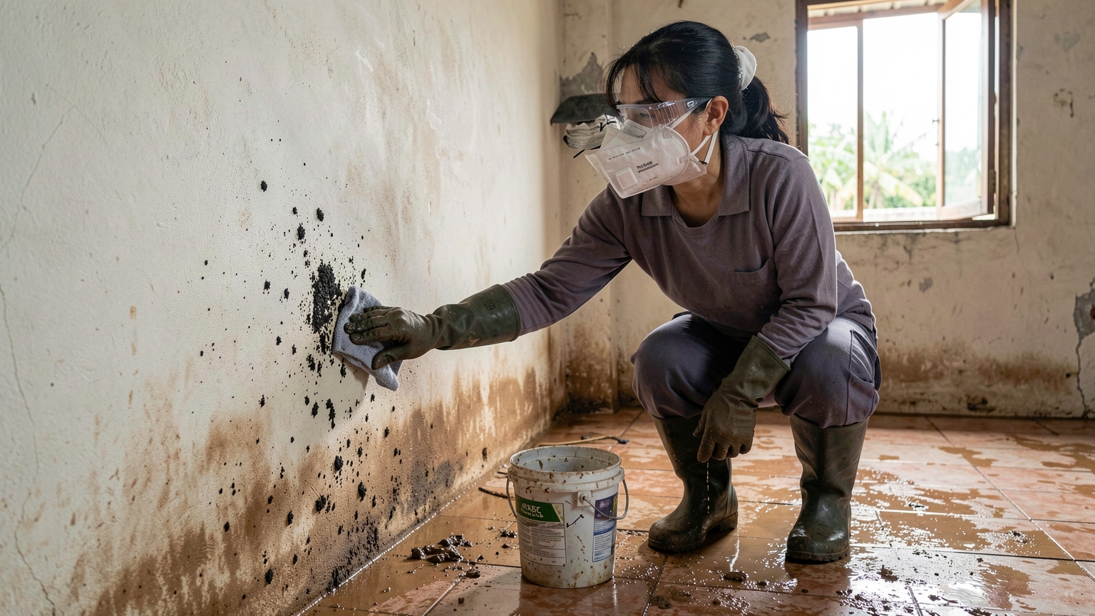 A gloved hand wipes black mould from a painted wall with a cloth near an open window.