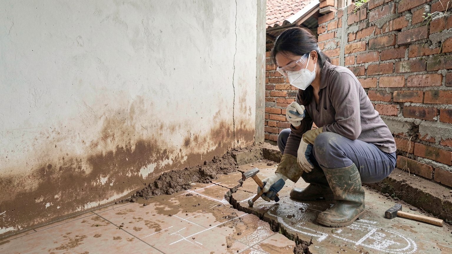 A person marks the end of a crack at the base of a brick wall with chalk to check if it grows.