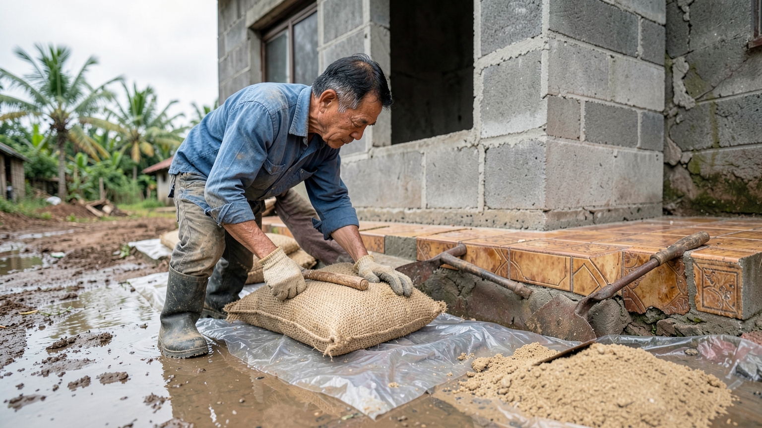 Gloved hands place a half-filled sandbag over the joint of the row below, on top of a plastic sheet.