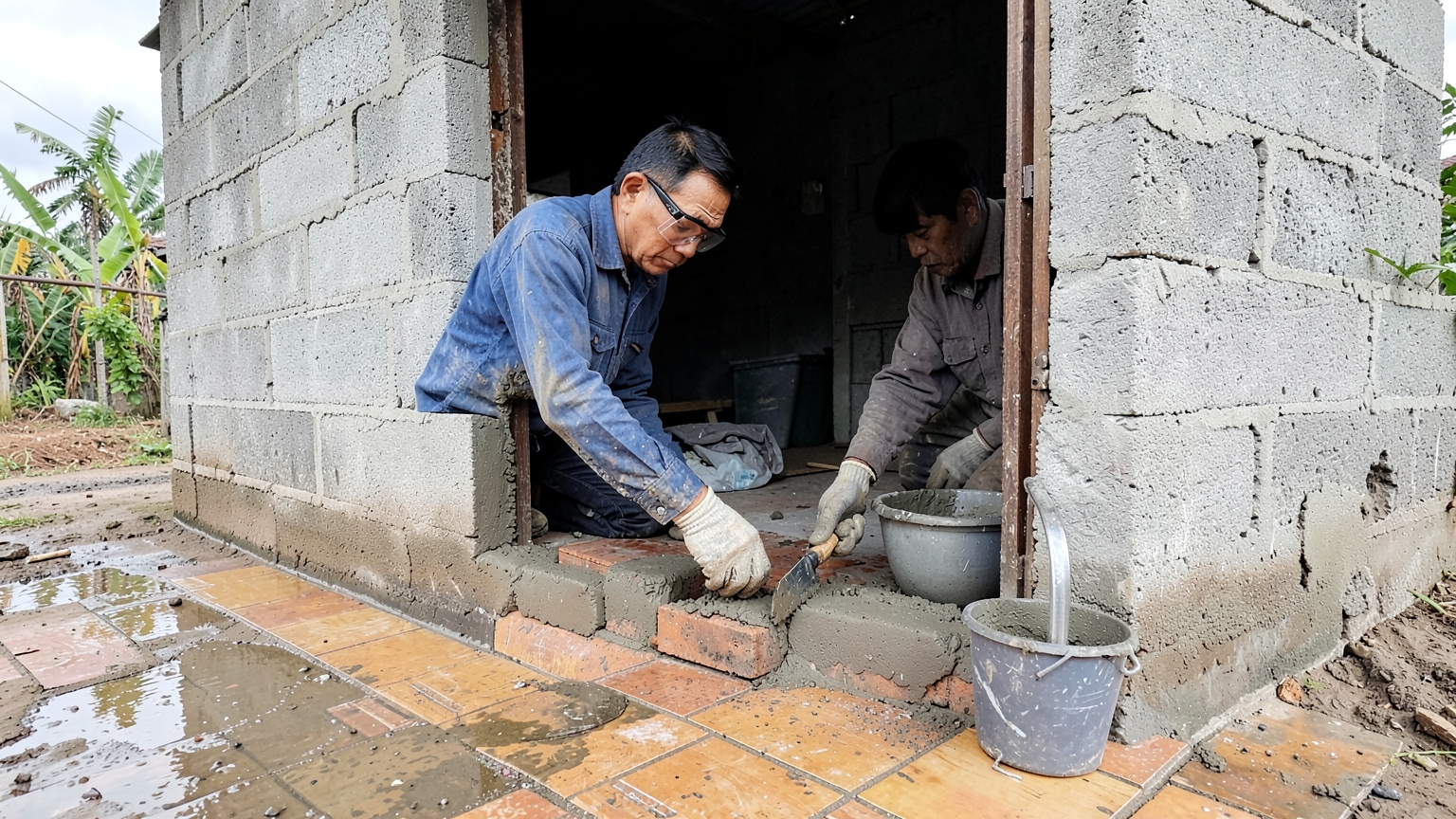 A man wearing gloves and safety glasses smooths mortar over a low brick step built across a doorway.