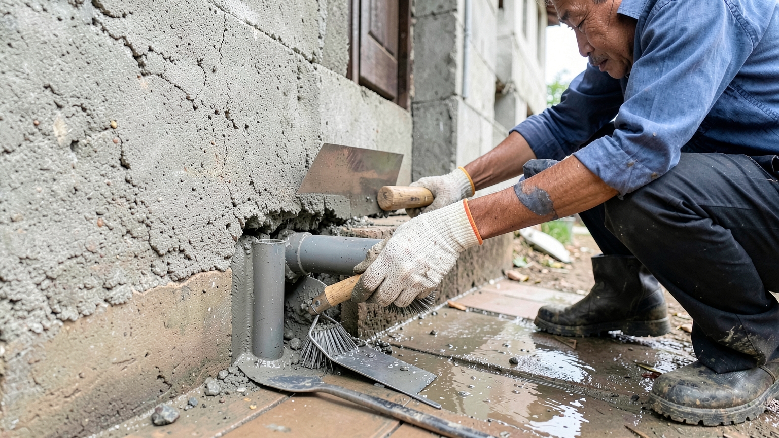 Gloved hands press waterproof cement into the gap around a pipe entering a wall.