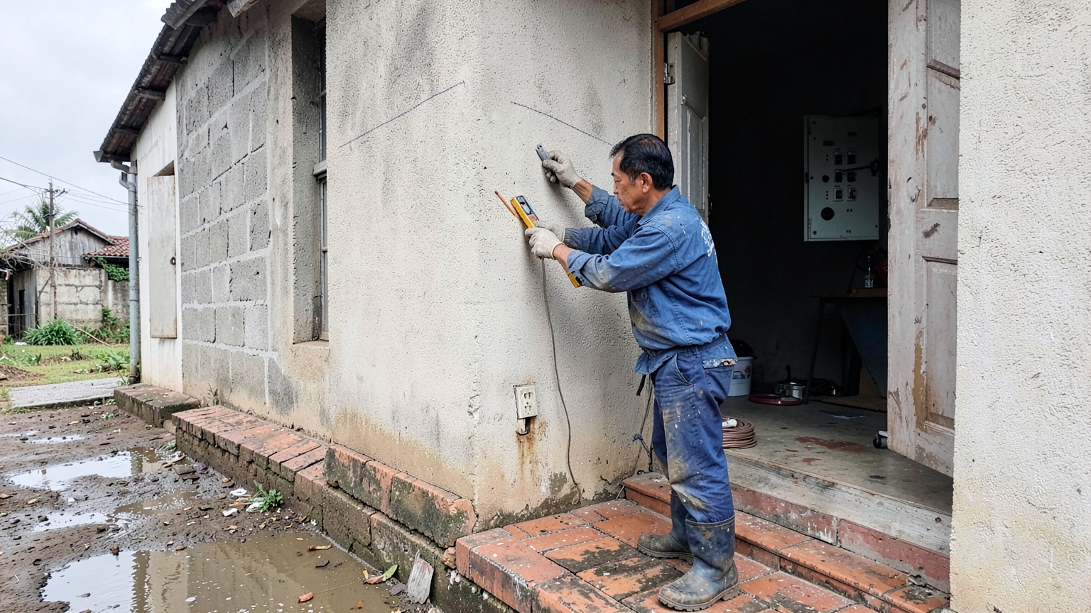 A man marks a higher spot for a new power outlet on the wall, above an old low outlet, with the power switched off.
