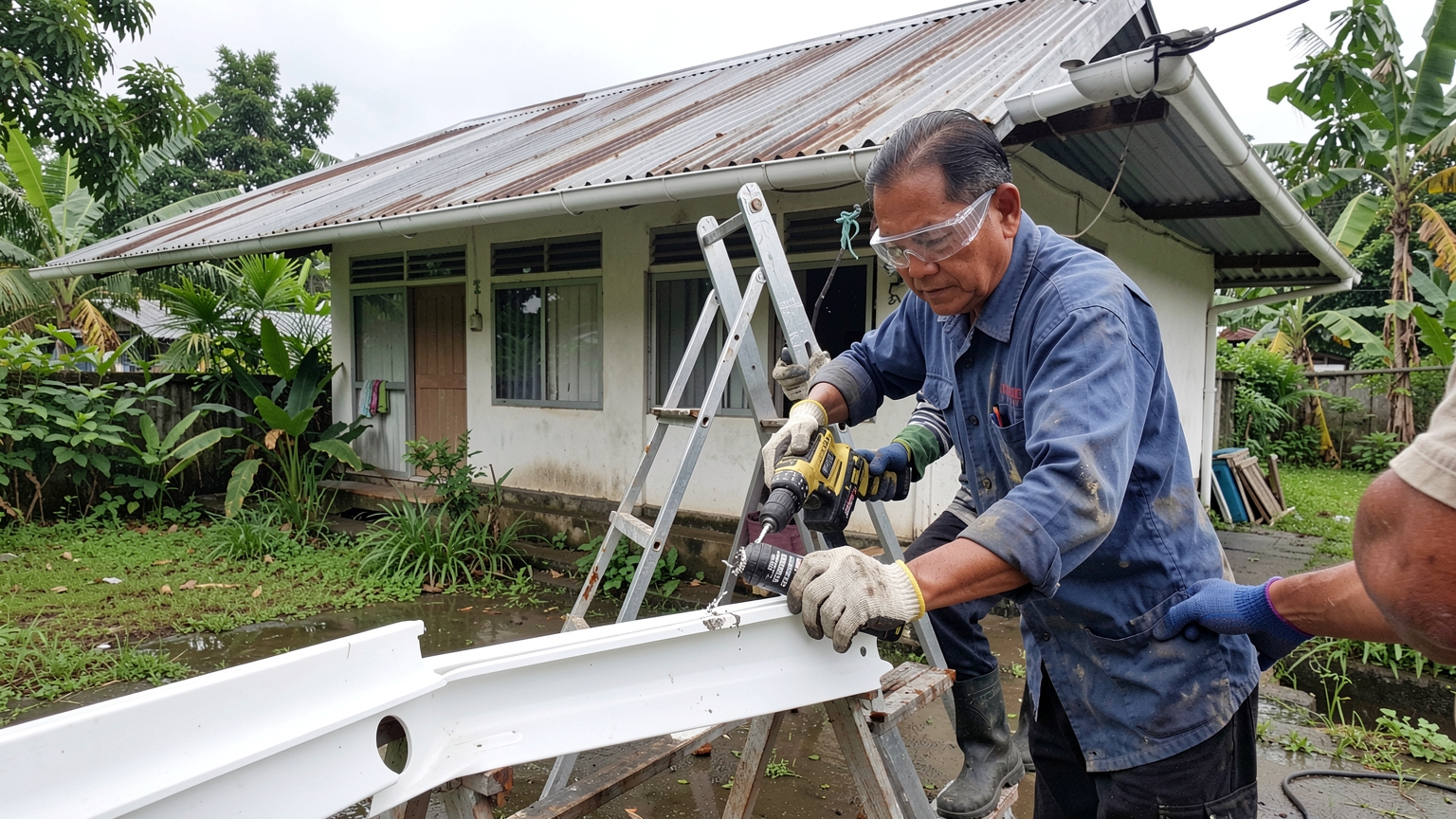 A hole saw on a drill cuts a downpipe outlet into a gutter resting on sawhorses.