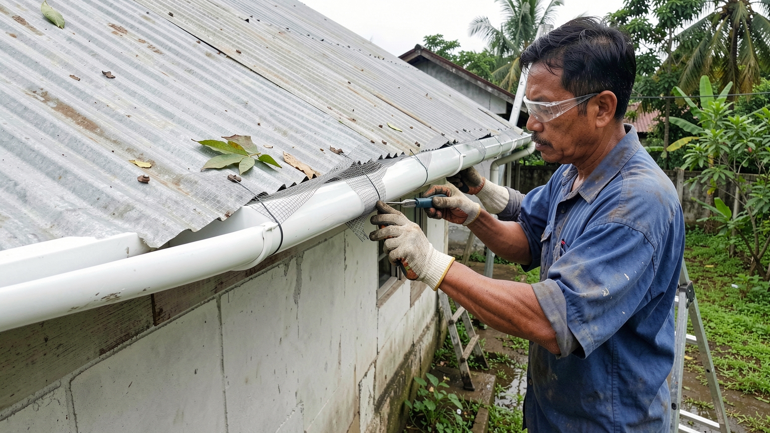 Gloved hands fix metal mesh over a gutter with cable ties to keep leaves out.