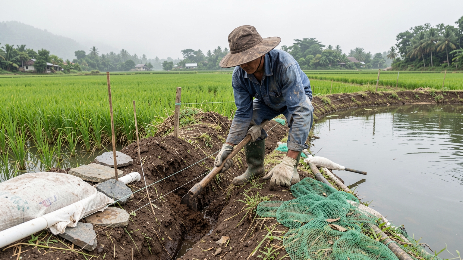 A man digs a narrow trench across a pond bank, with stakes and a string line marking the pipe level.