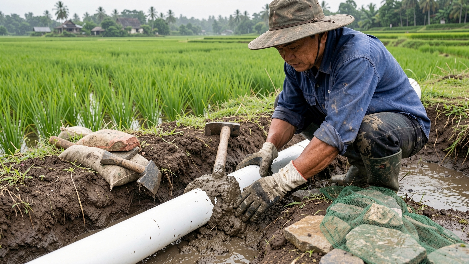 Gloved hands press damp clay firmly around a white PVC pipe laid in a trench through the pond bank.