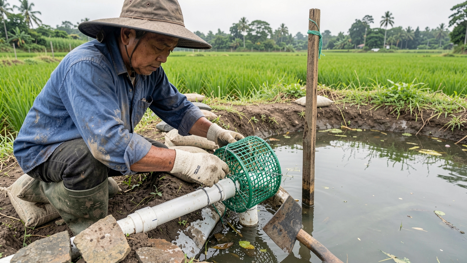 Gloved hands tie a mesh cage around the inlet of the overflow pipe to keep fish in the pond.