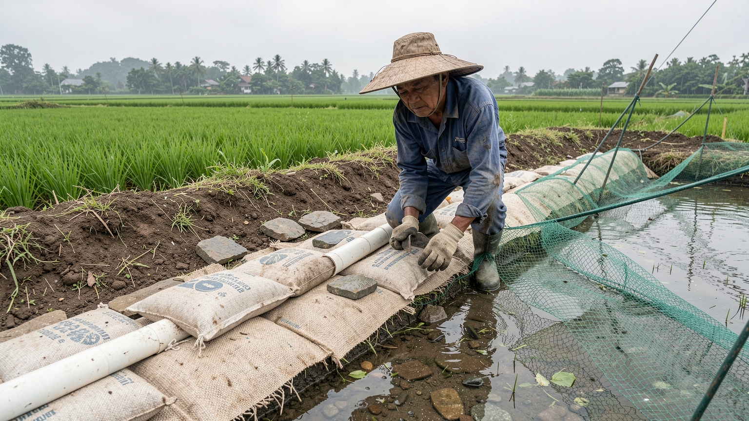 A man lines a shallow spillway in the pond bank with sandbags and flat stones, with a net fence to keep fish in.