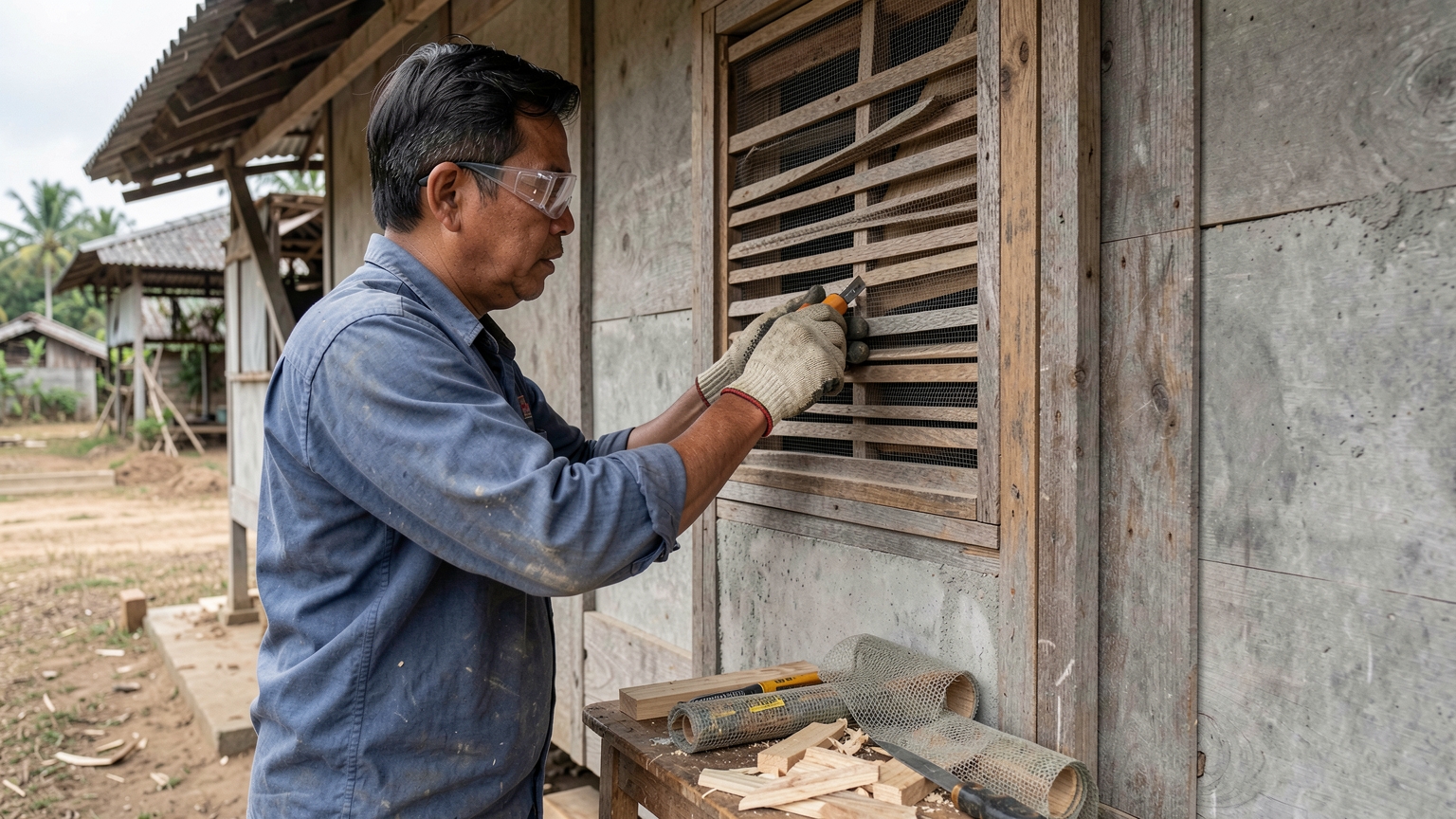 Gloved hands fix insect mesh behind a wooden vent panel above a door.