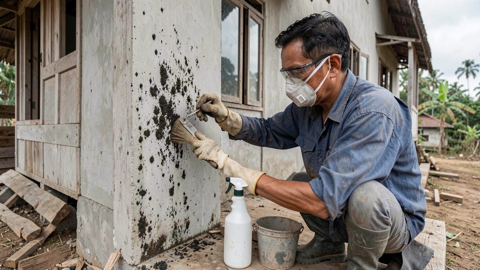 A man wearing gloves, goggles and a mask scrubs mould off a wall corner with a brush.
