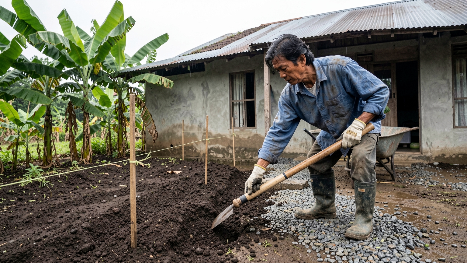 Gloved hands pack soil next to a house foundation, with a string line showing the slope away from the wall.