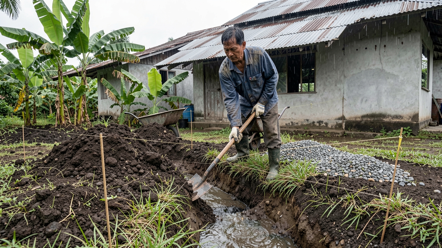 A shovel digs a shallow drain channel along a string line, with soil piled on the downhill side.