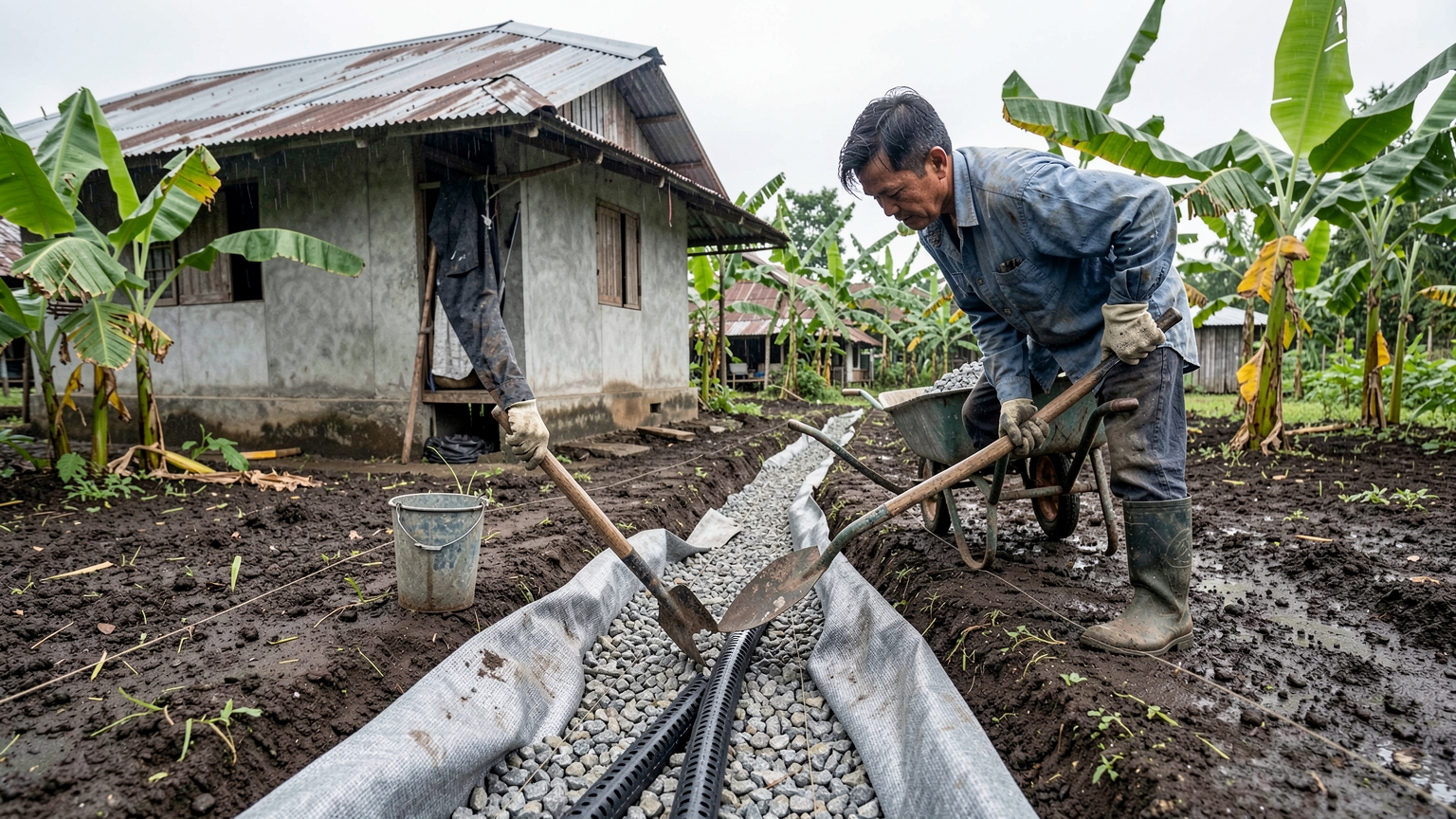 Gloved hands lay a perforated drainage pipe on gravel inside a fabric-lined trench.