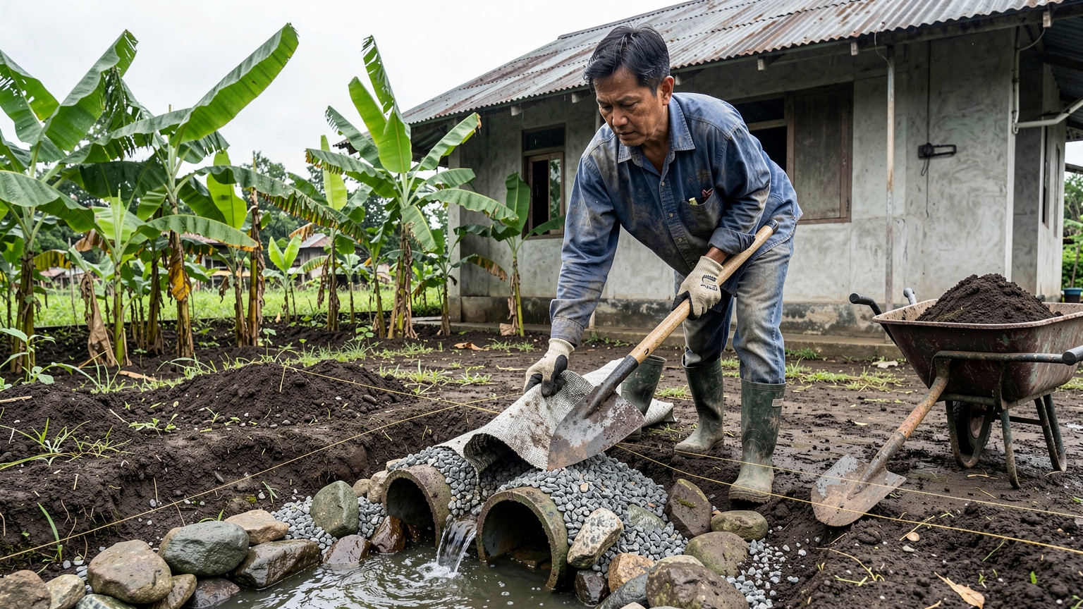 Gloved hands fold fabric over a finished gravel trench while water runs out of the pipe outlet protected by stones.