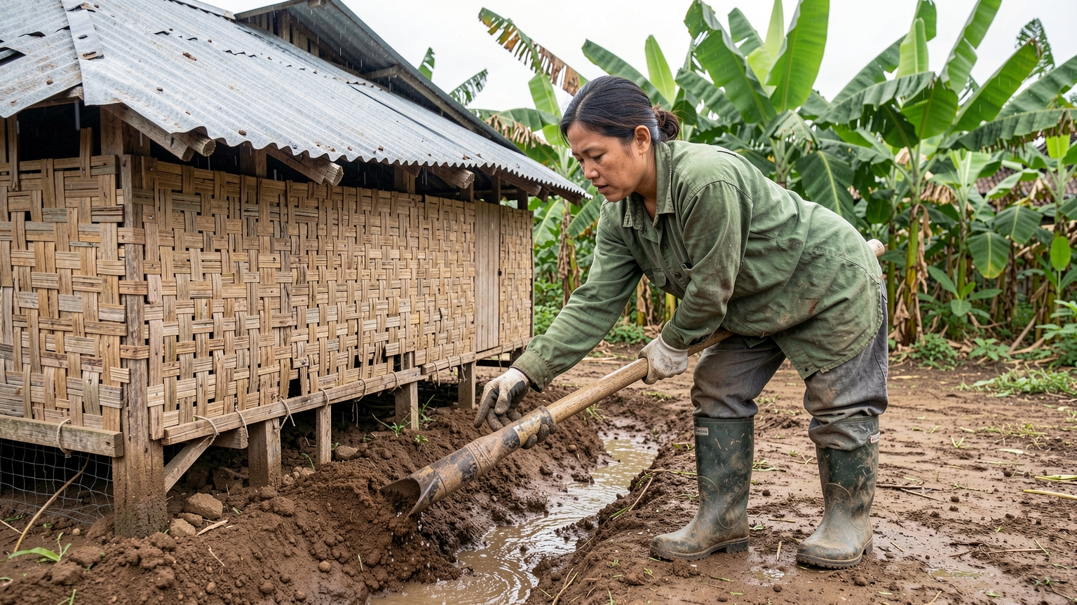 Gloved hands dig a shallow drainage trench around the base of a chicken coop.