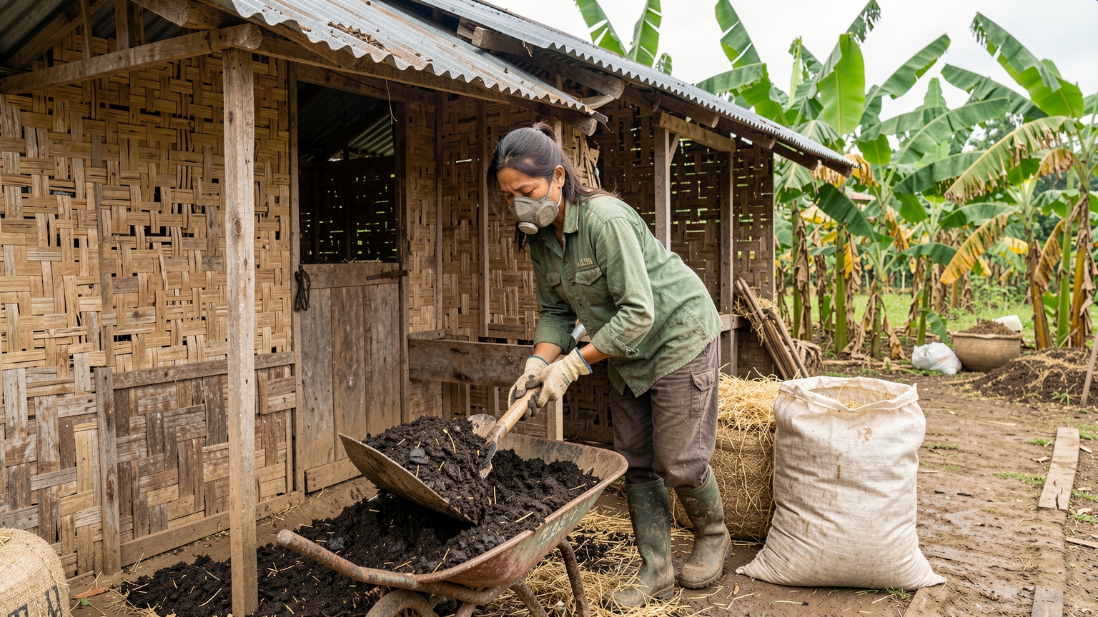 A woman in a dust mask shovels wet litter from a coop into a wheelbarrow, with dry rice husks ready nearby.