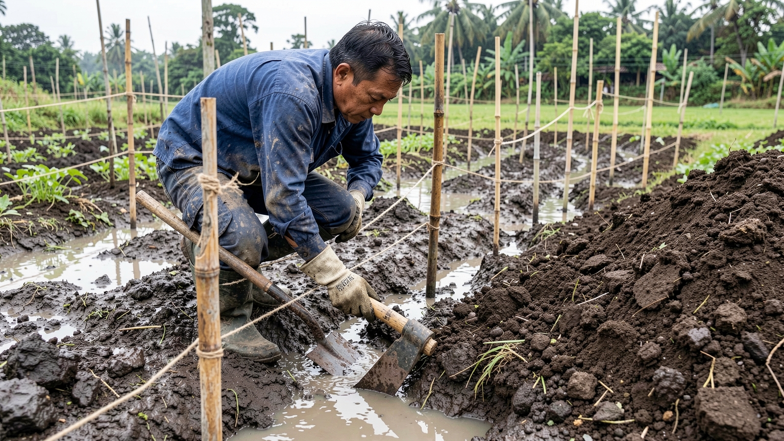 Gloved hands cut the edge of a drainage ditch with a spade, following a string line tied between bamboo stakes.