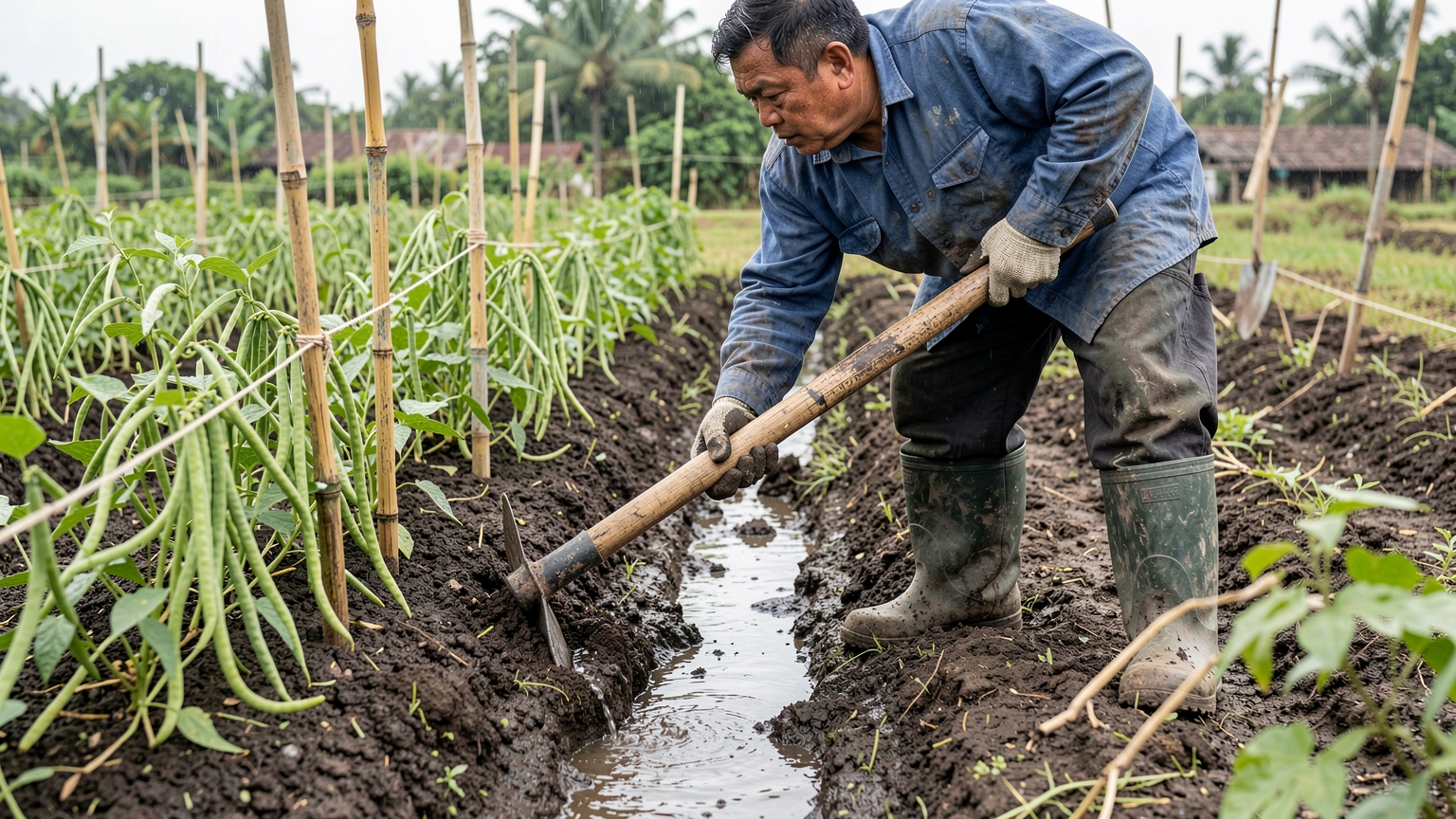 A hoe opens a small side channel between crop rows, letting water run into the main drainage ditch.