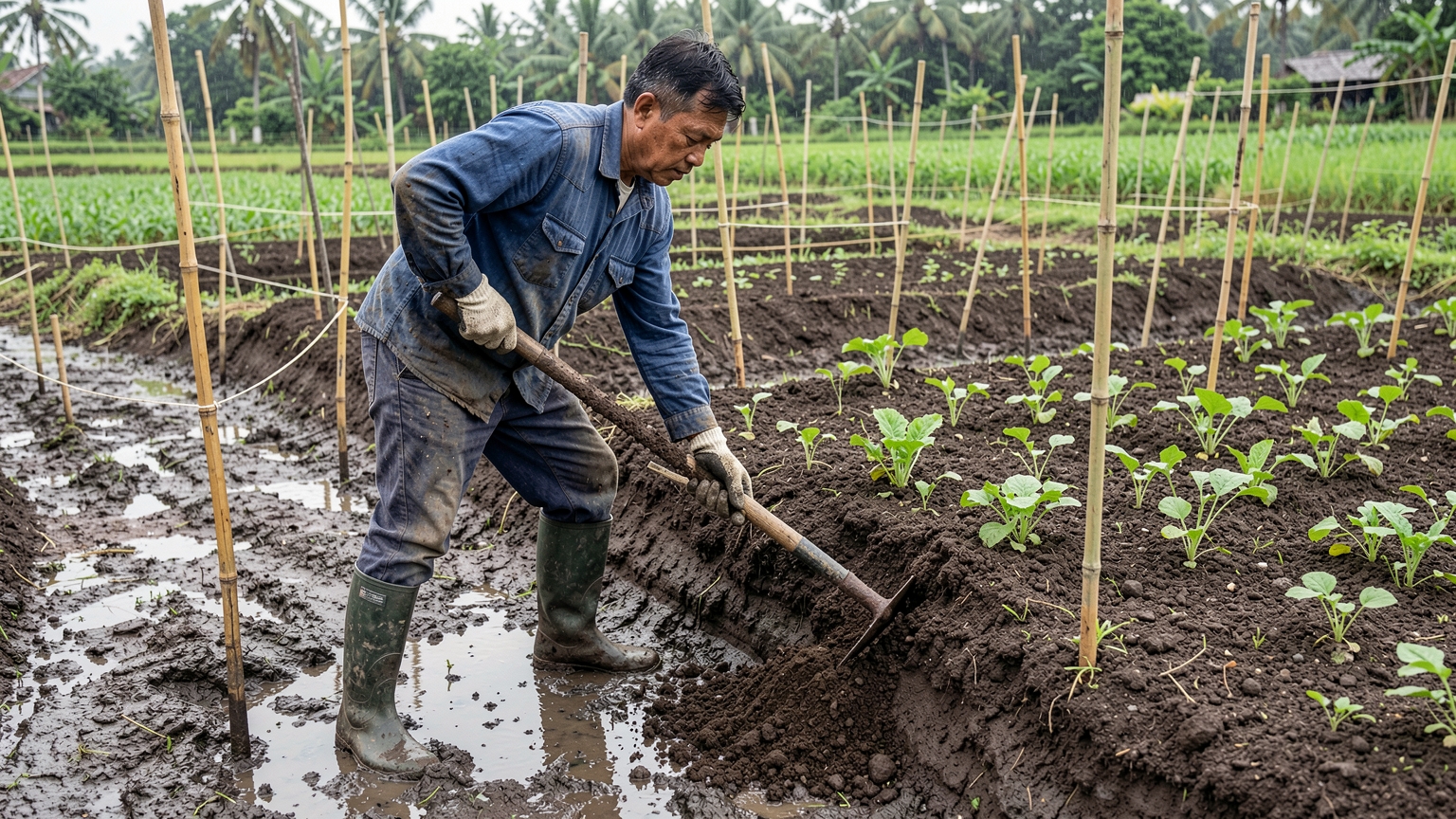 A farmer builds a raised vegetable bed by pulling soil up from the path with a hoe.
