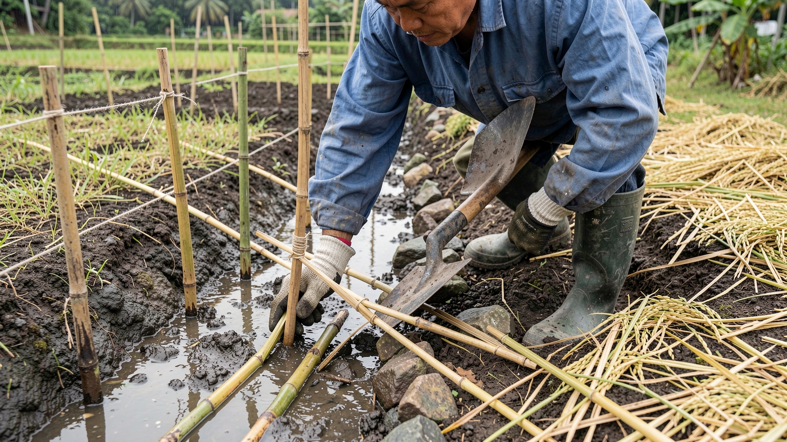 Gloved hands strengthen a ditch bank with bamboo stakes and woven split bamboo, with stones lining the ditch bottom.