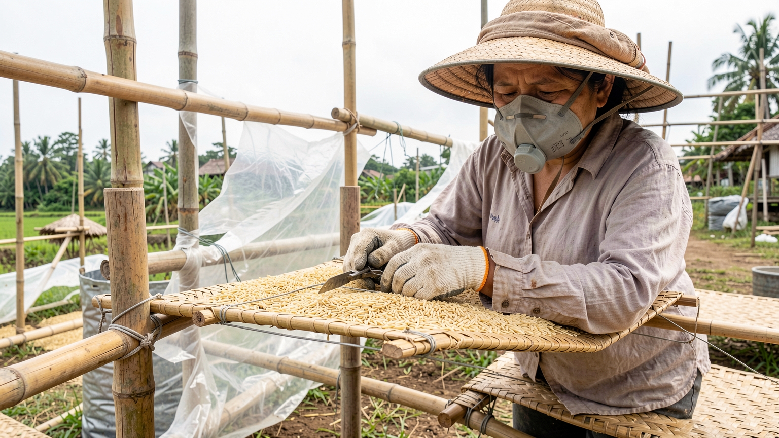 Gloved hands tie a joint on a raised bamboo drying rack covered with a mat of rice.