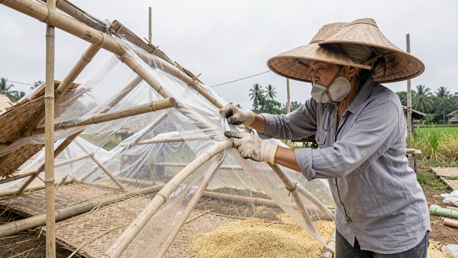 A clear plastic sheet is tied over a bamboo frame above drying rice, with open sides for air.