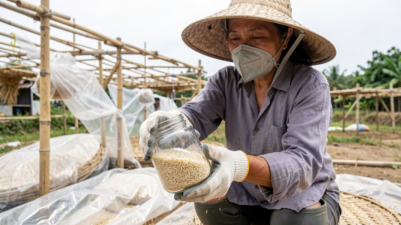 Hands hold a glass jar with rice and salt to test if the grain is dry.