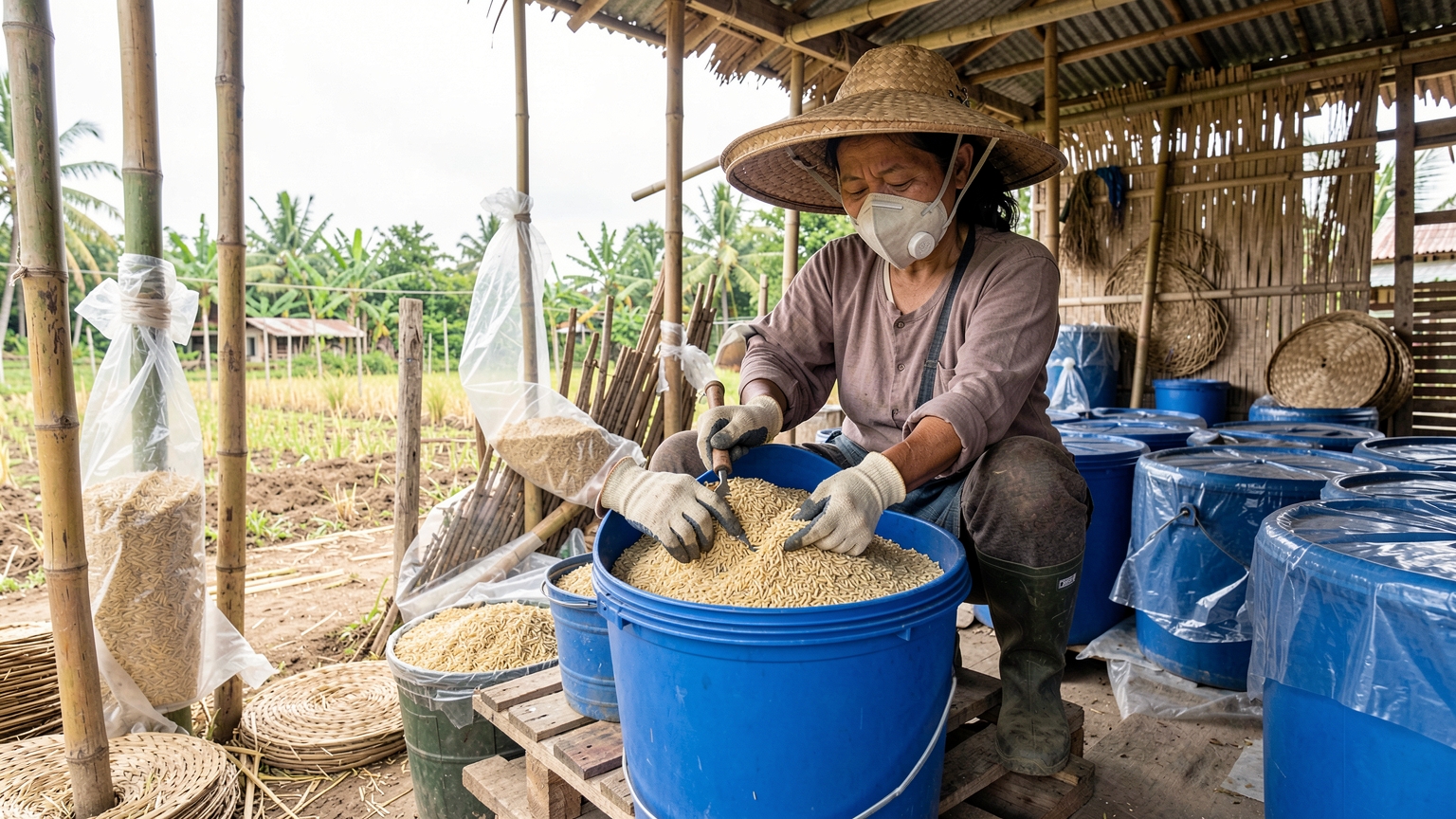 Dry rice is sealed in plain plastic drums standing on wooden pallets in a shed.