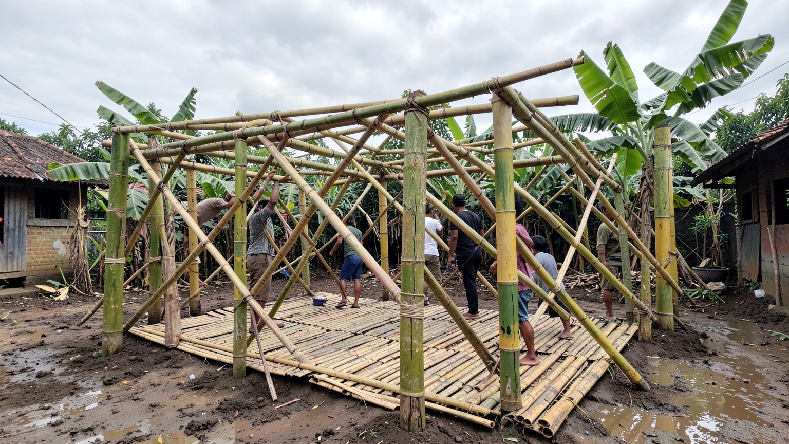 A bamboo coop frame on posts with crossed diagonal braces and a slatted bamboo floor.