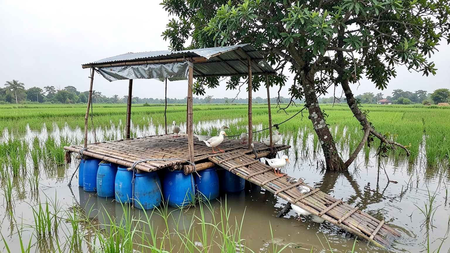 Ducks climb onto a floating bamboo platform held up by plastic drums in a flooded field.