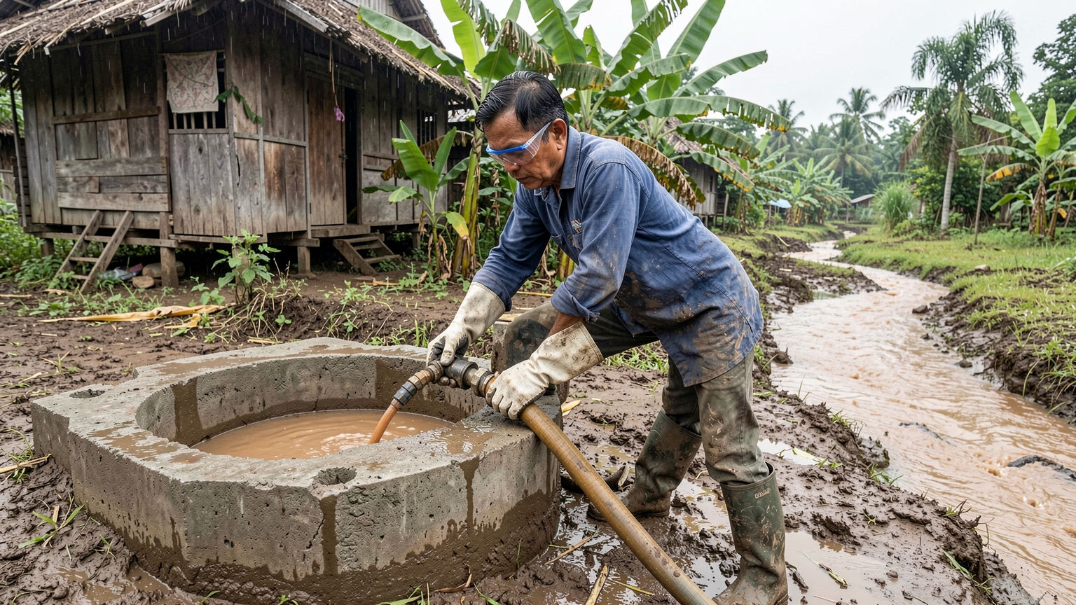 A pump draws dirty brown water out of the well and sends it to a ditch away from the well.