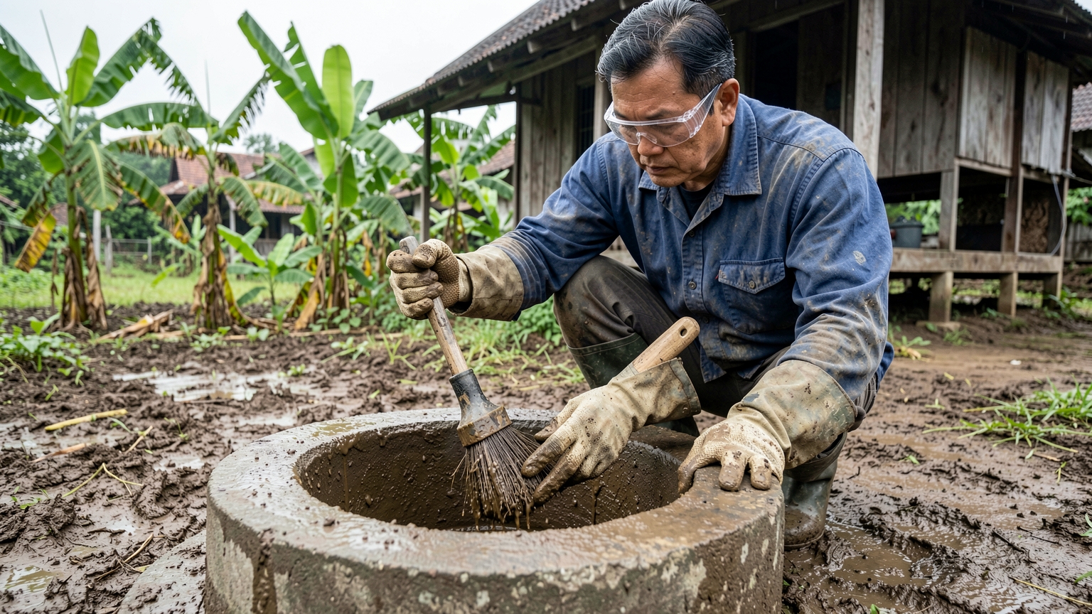Gloved hands scrub mud from the inside wall of a well with a long brush while kneeling outside it.