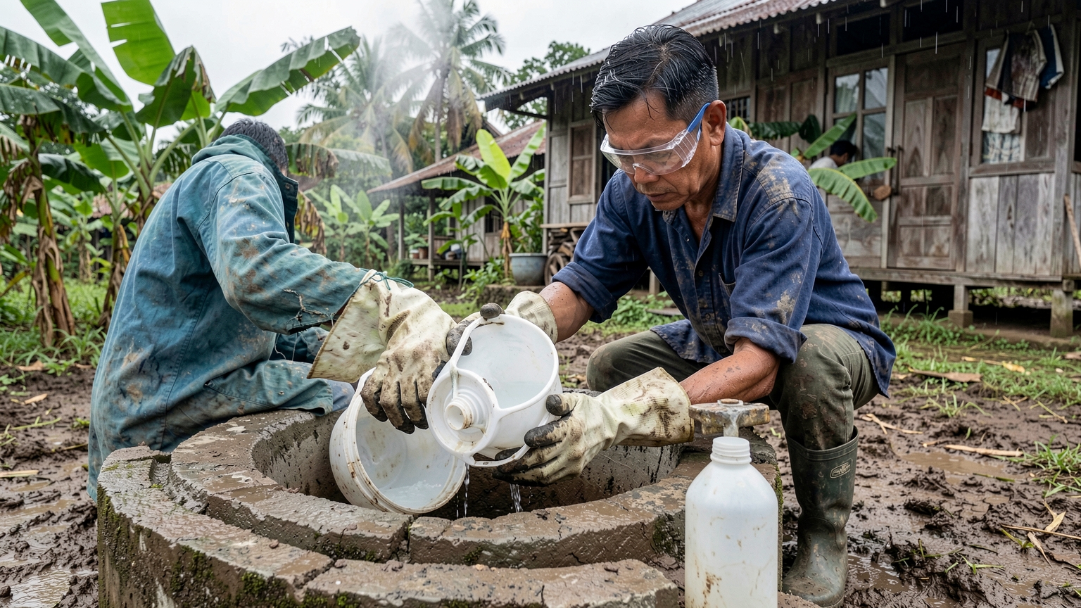 Gloved hands pour a diluted bleach mixture from a bucket into the well.