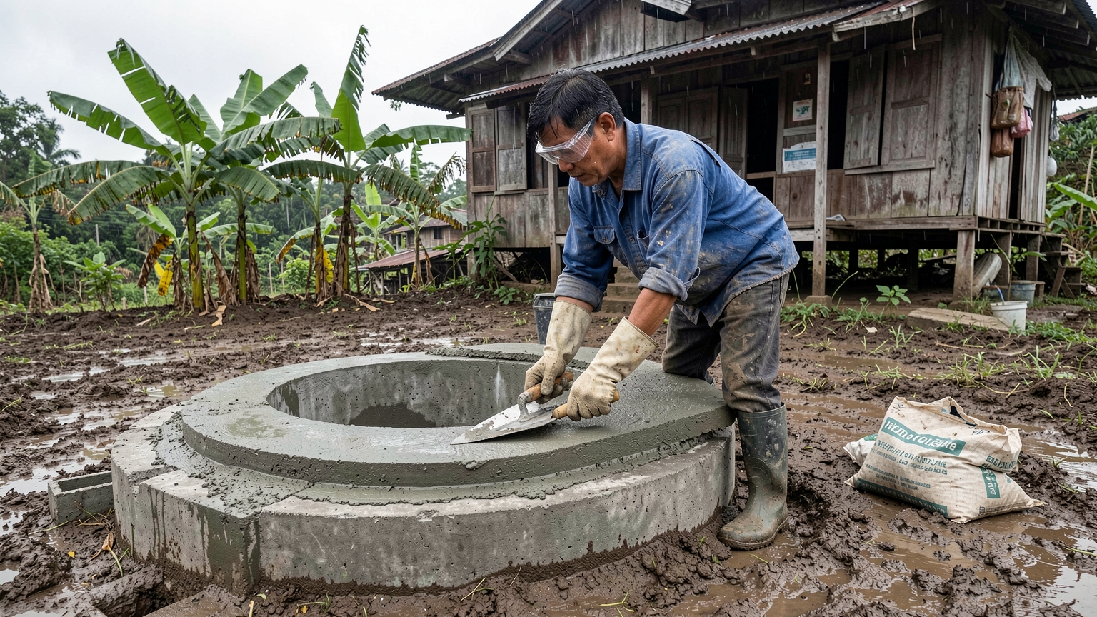 A man smooths a new sloping concrete apron around a raised well head to keep runoff out.