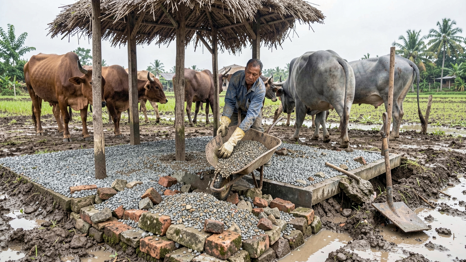 A farmer spreads gravel over stones and bricks to build a raised, dry standing pad with a drain around the edge.