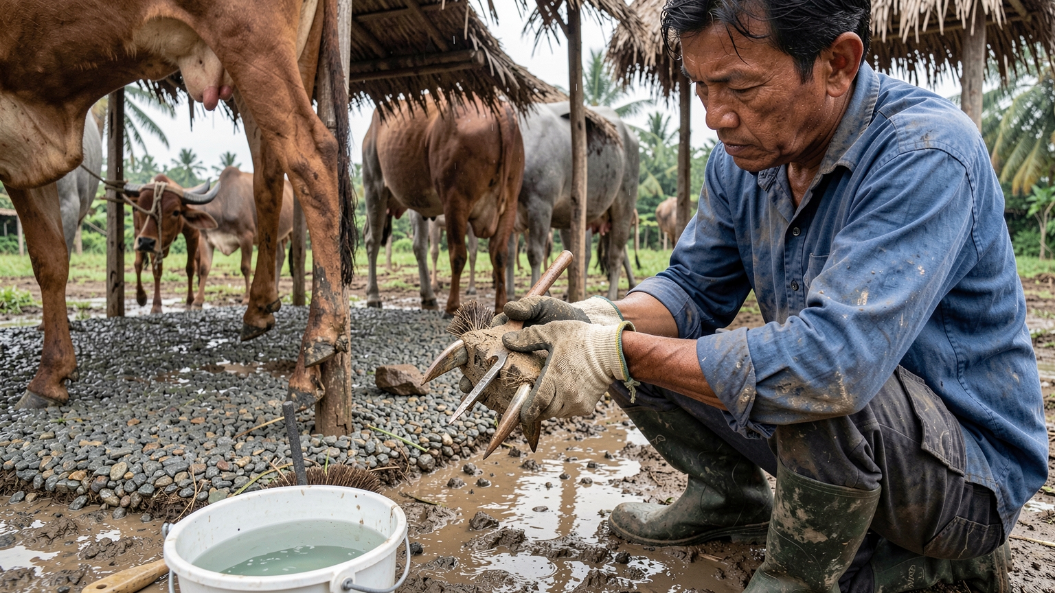 Gloved hands remove a stone from between the claws of a cow's lifted hoof, with a brush and water bucket nearby.