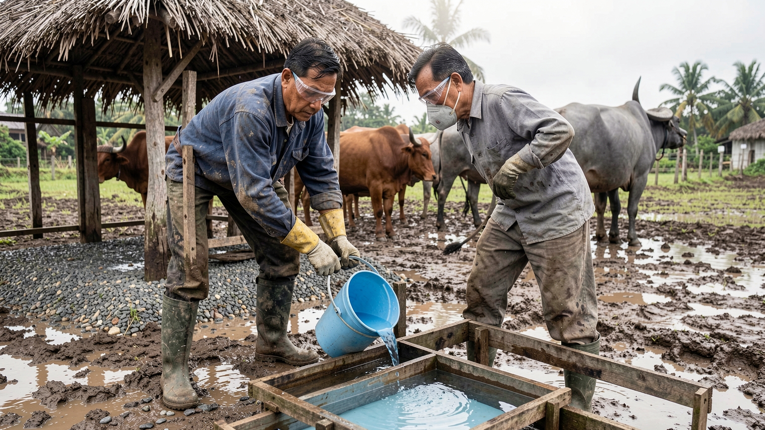 A farmer wearing gloves, glasses and a mask pours footbath solution into a shallow wooden tray at a pen gate.