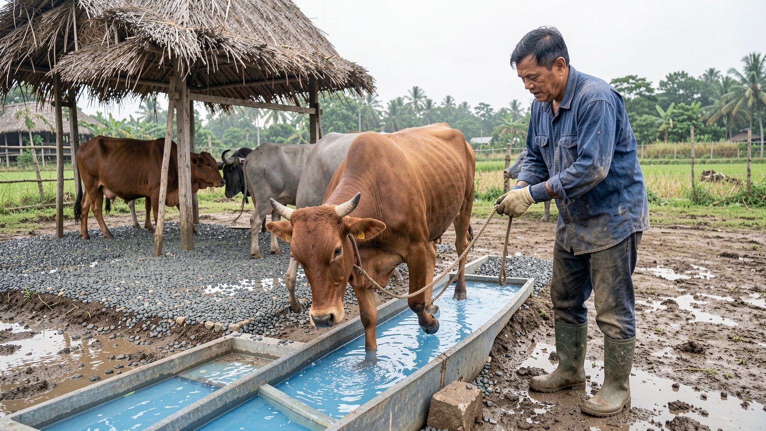 A cow walks slowly through a shallow footbath at the gate to a dry gravel pad while a farmer guides it from the side.