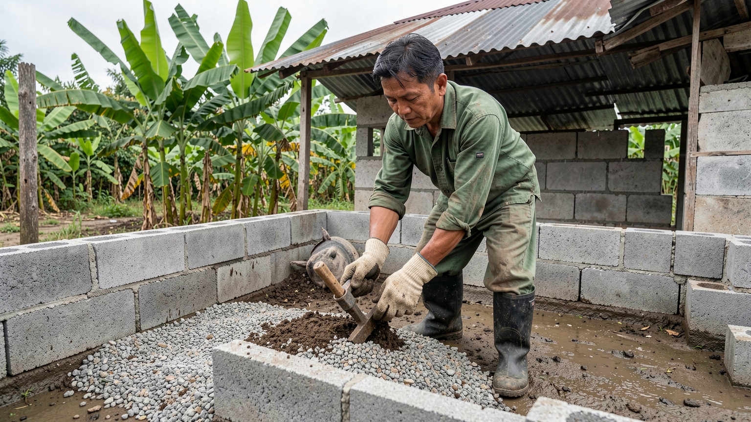 Gloved hands pack gravel and soil inside a low block wall to raise the pig pen floor.