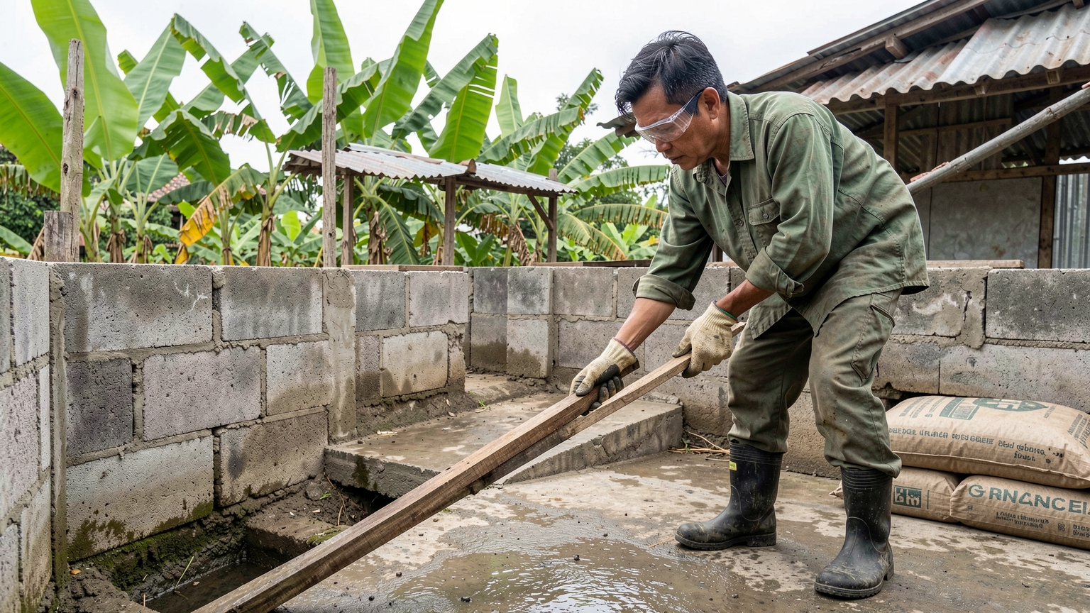 A farmer checks the slope of wet concrete toward a drain channel with a straight board.