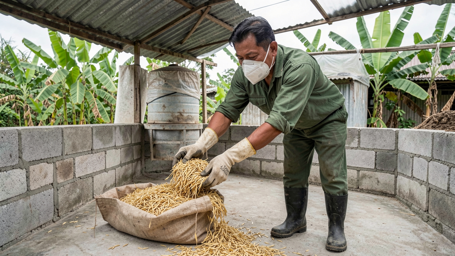 Gloved hands spread dry rice husk bedding in a dry corner of the pig pen.