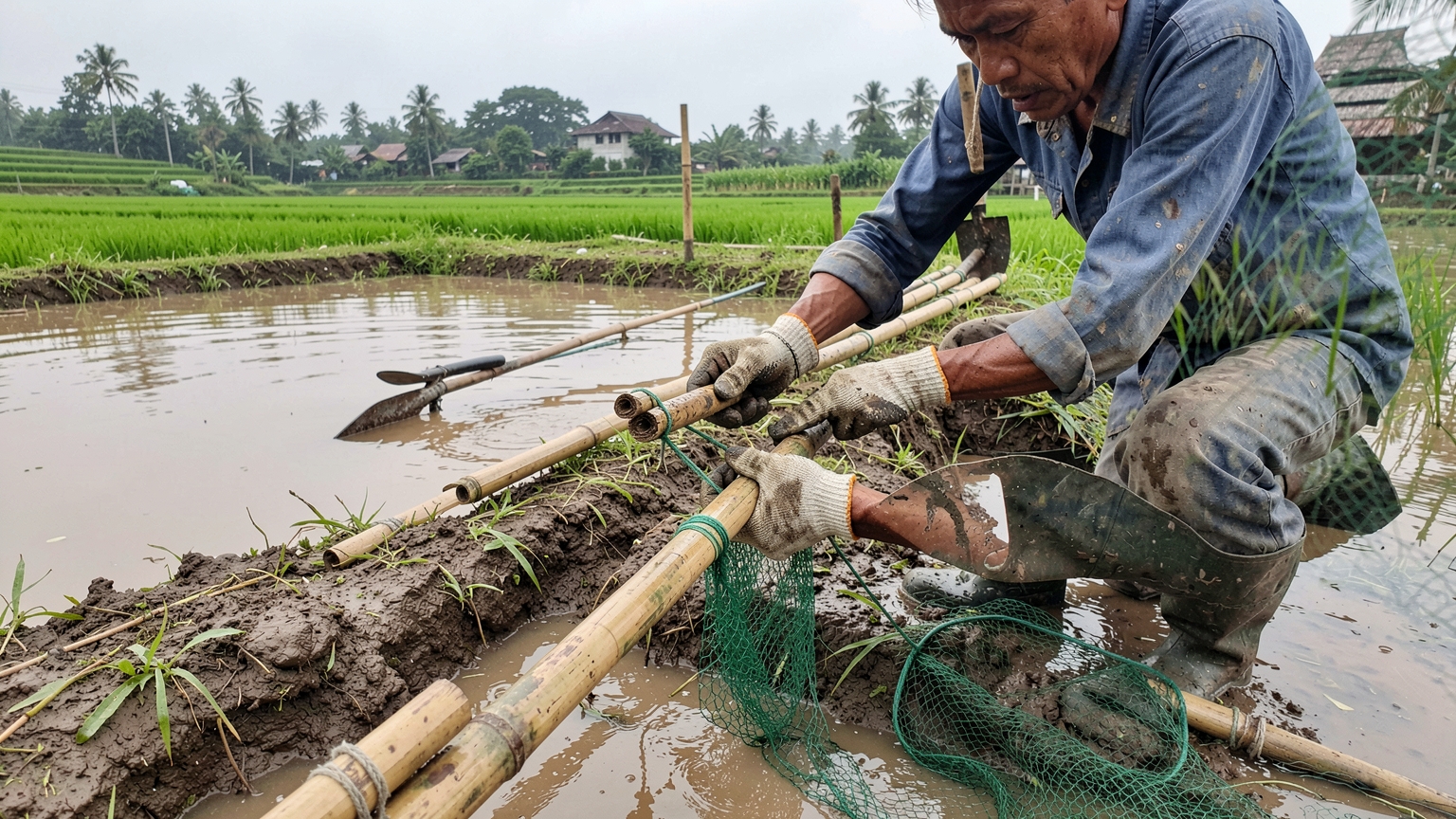Gloved hands tie fishing net to a bamboo pole on the pond bank, next to a dug trench.