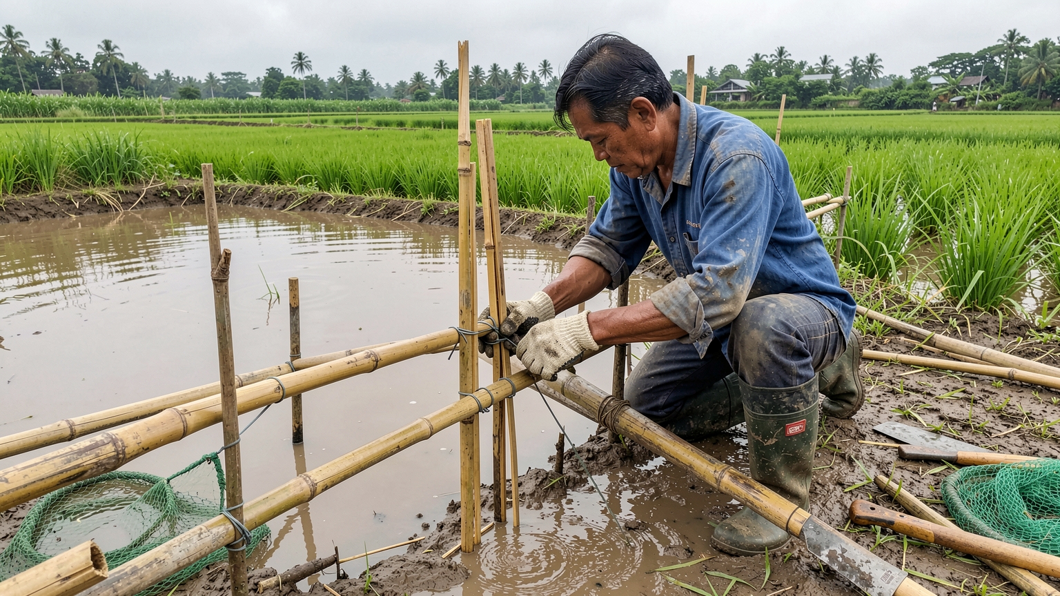 A worker weaves split bamboo strips onto rails to build a strong fence around the pond.