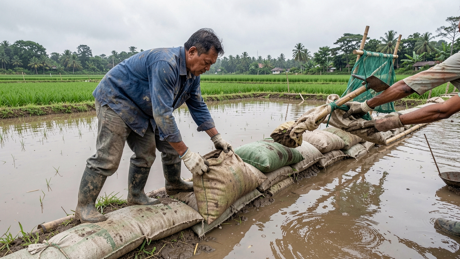Two people lay soil sacks along a low part of the pond bank to raise the wall.