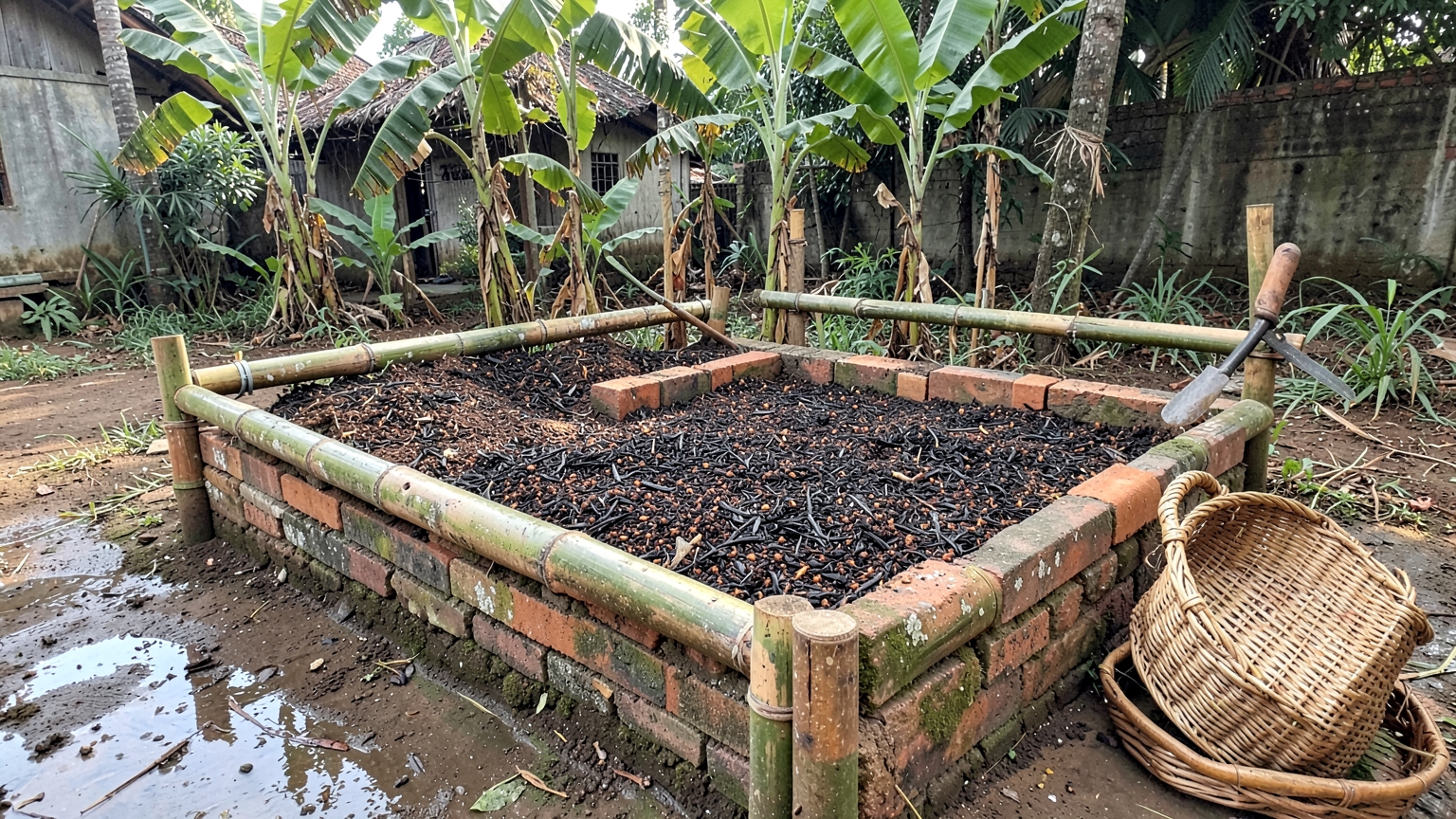 A raised bed under construction, edged with bamboo and bricks and filled with soil mixed with charred rice husk and compost.
