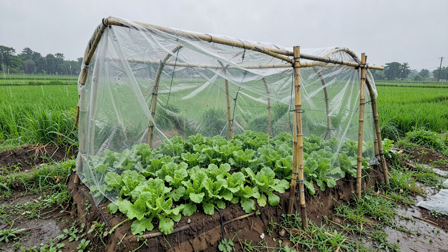 A bamboo hoop cover with clear plastic over lettuce and mustard greens, sides left open and tied down with rubber strips in light rain.