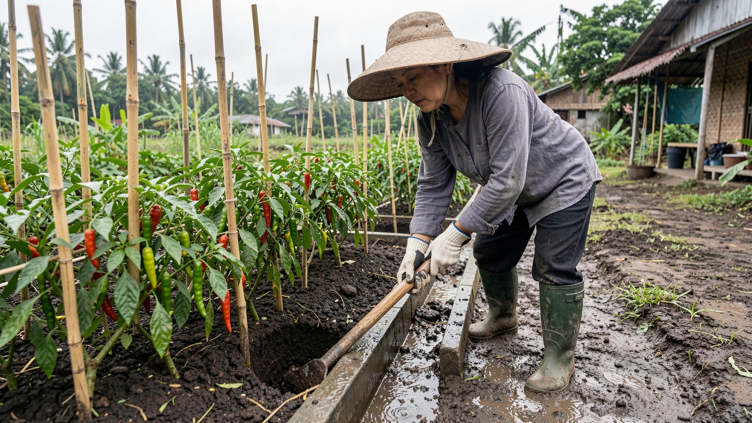 Gloved hands dig a shallow channel with a hoe to drain water away from a raised bed of chilli plants.