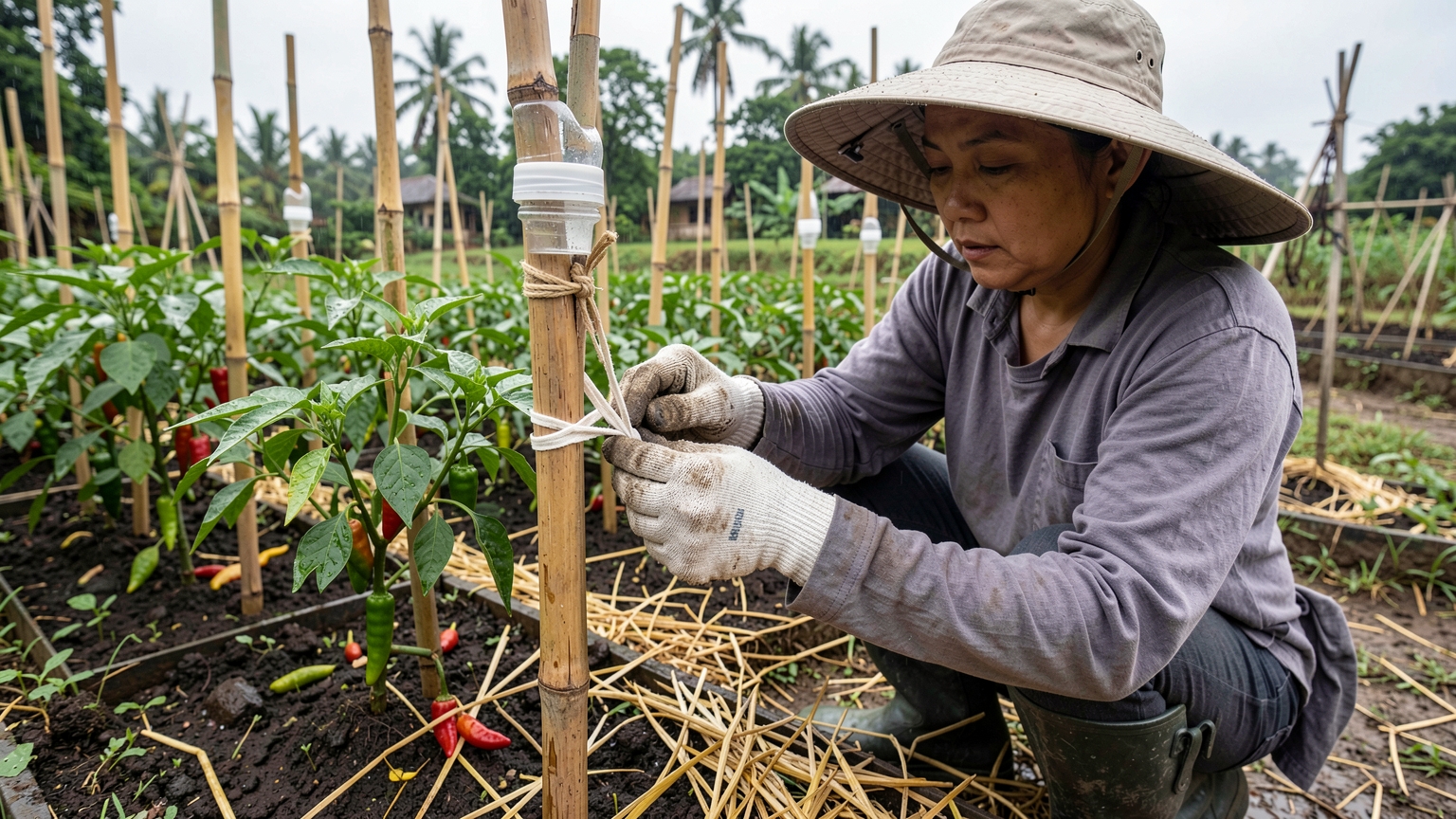 Gloved hands tie a chilli stem loosely to a bamboo stake with a strip of cloth.